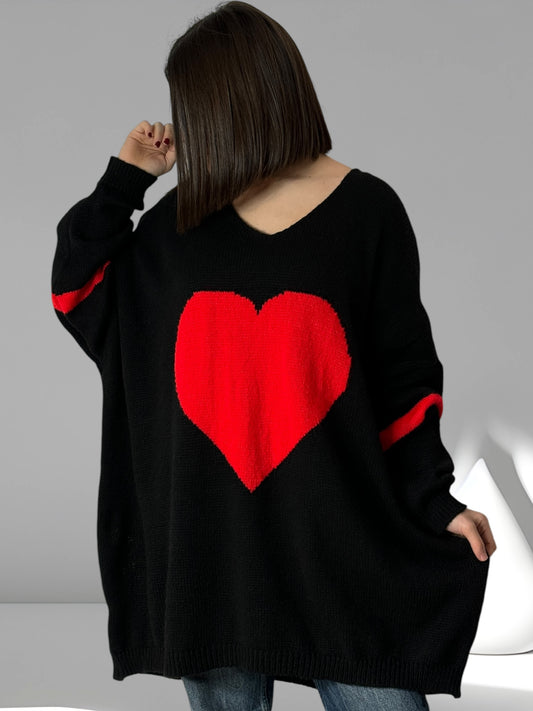 VALENTIN - PULL OVERSIZE NOIR COEUR ROUGE JUSQU'A LA TAILLE 56