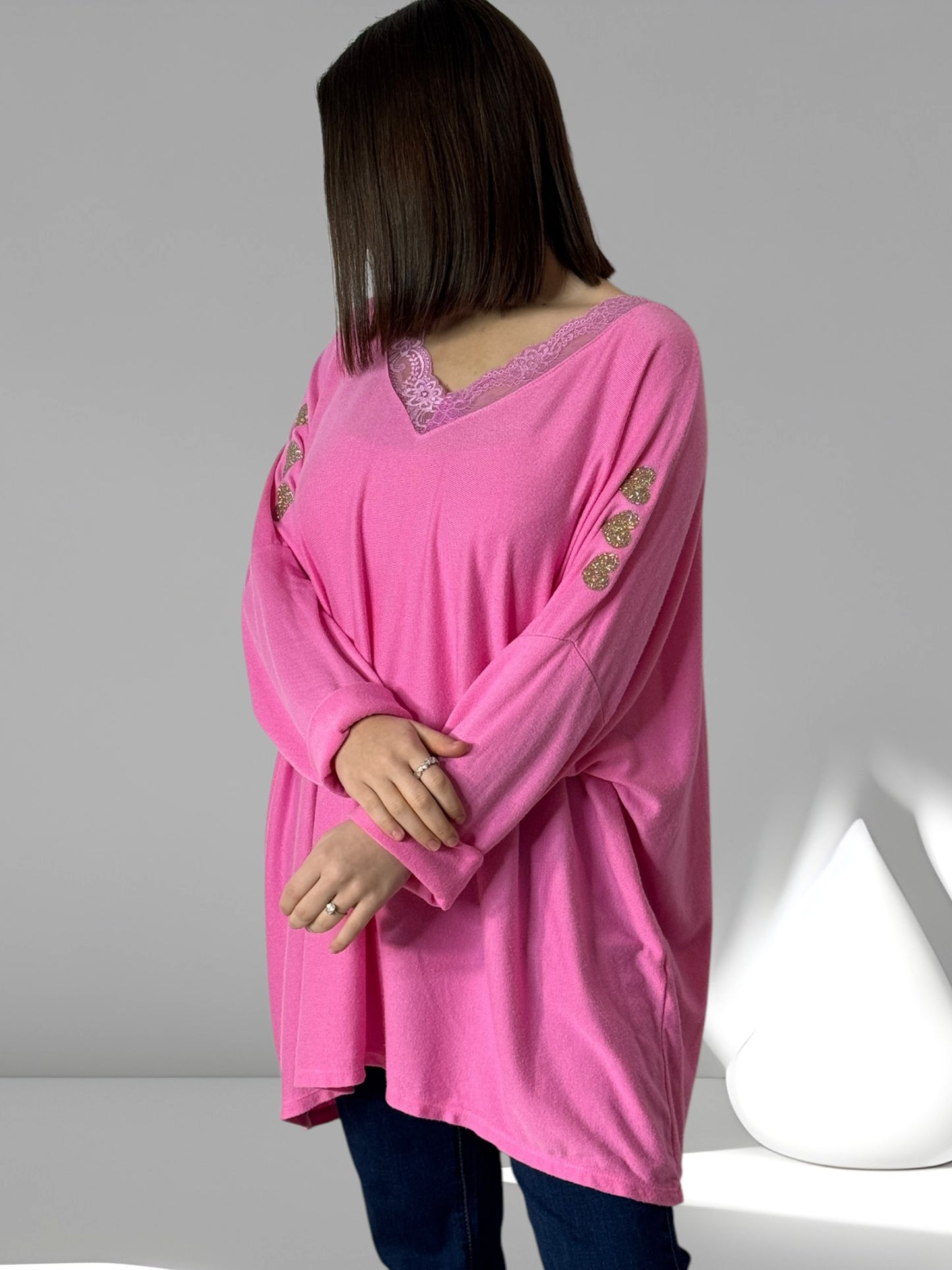 PALOMA - PULL OVERSIZE ROSE EN MAILLE FLUIDE JUSQU'A LA TAILLE 56