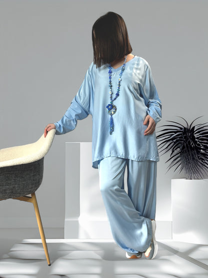 SIENNA - ENSEMBLE TUNIQUE ET PANTALON  FLUIDE BLEU OVERSIZE JUSQU'A LA TAILLE 46