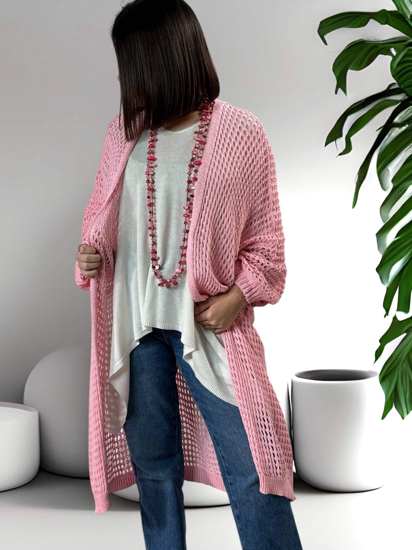 FABIOLA - LONG GILET EN RESILLE ROSE JUSQU'A LA TAILLE 50/52