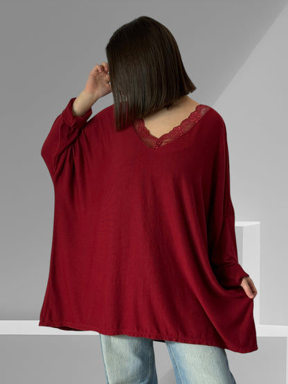 ALICE - PULL OVERSIZE BORDEAUX EN MAILLE FLUIDE JUSQU'A LA TAILLE 56