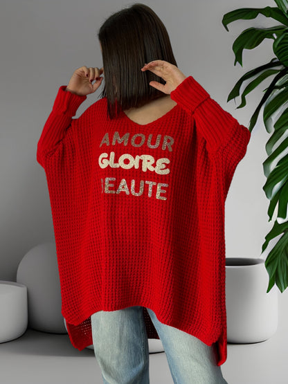 AMOUR GLOIRE BEAUTE - PULL OVERSIZE ROUGE JUSQU'A LA TAILLE 54