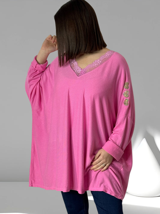 PALOMA - PULL OVERSIZE ROSE EN MAILLE FLUIDE JUSQU'A LA TAILLE 56