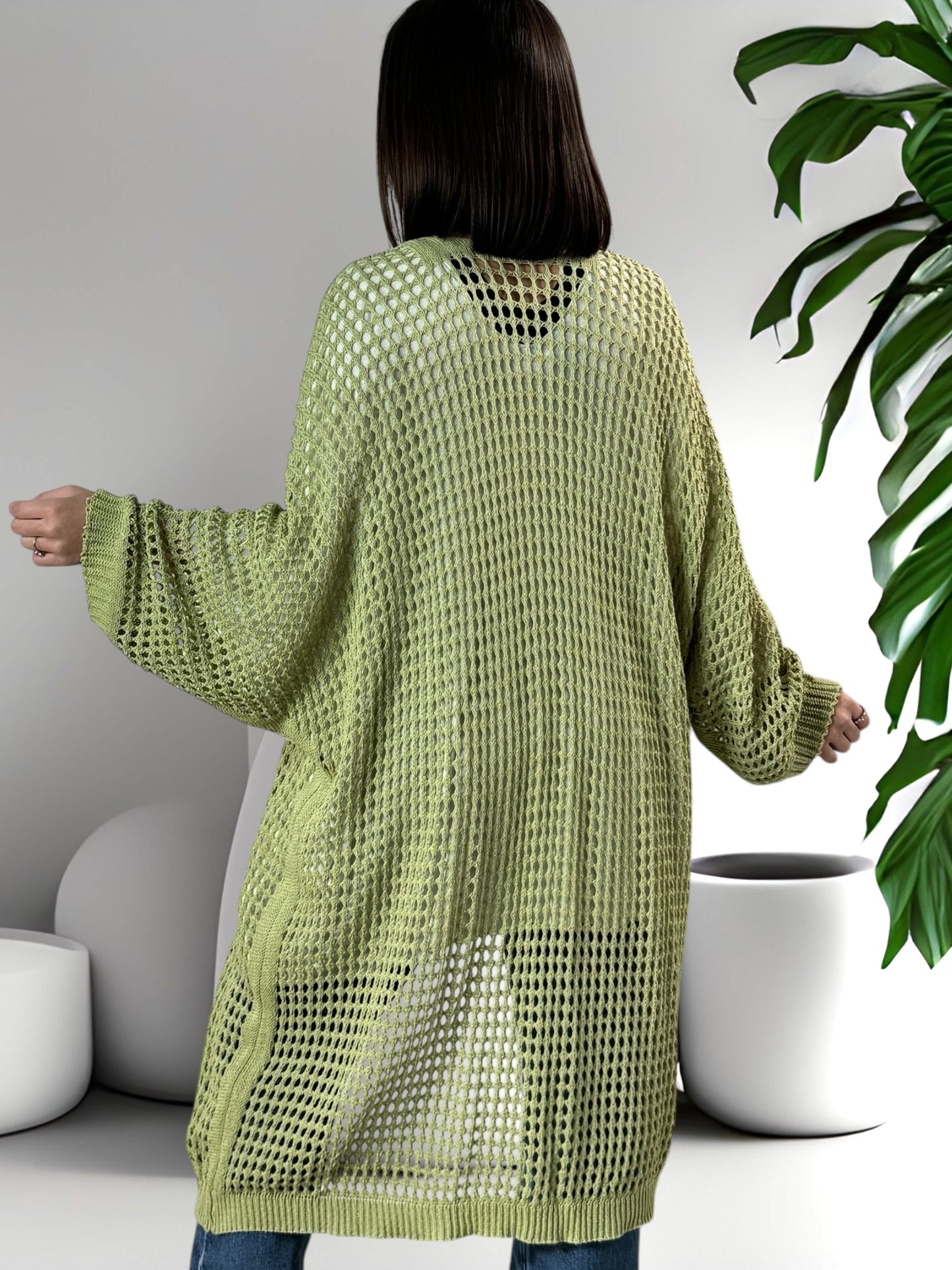 FABIOLA - LONG GILET EN RESILLE VERT JUSQU'A LA TAILLE 50/52