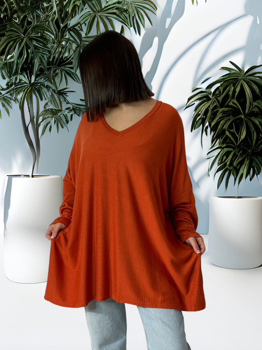 OSCAR - PULL OVERSIZE ROUX EN MAILLE FLUIDE JUSQU'A LA TAILLE 56