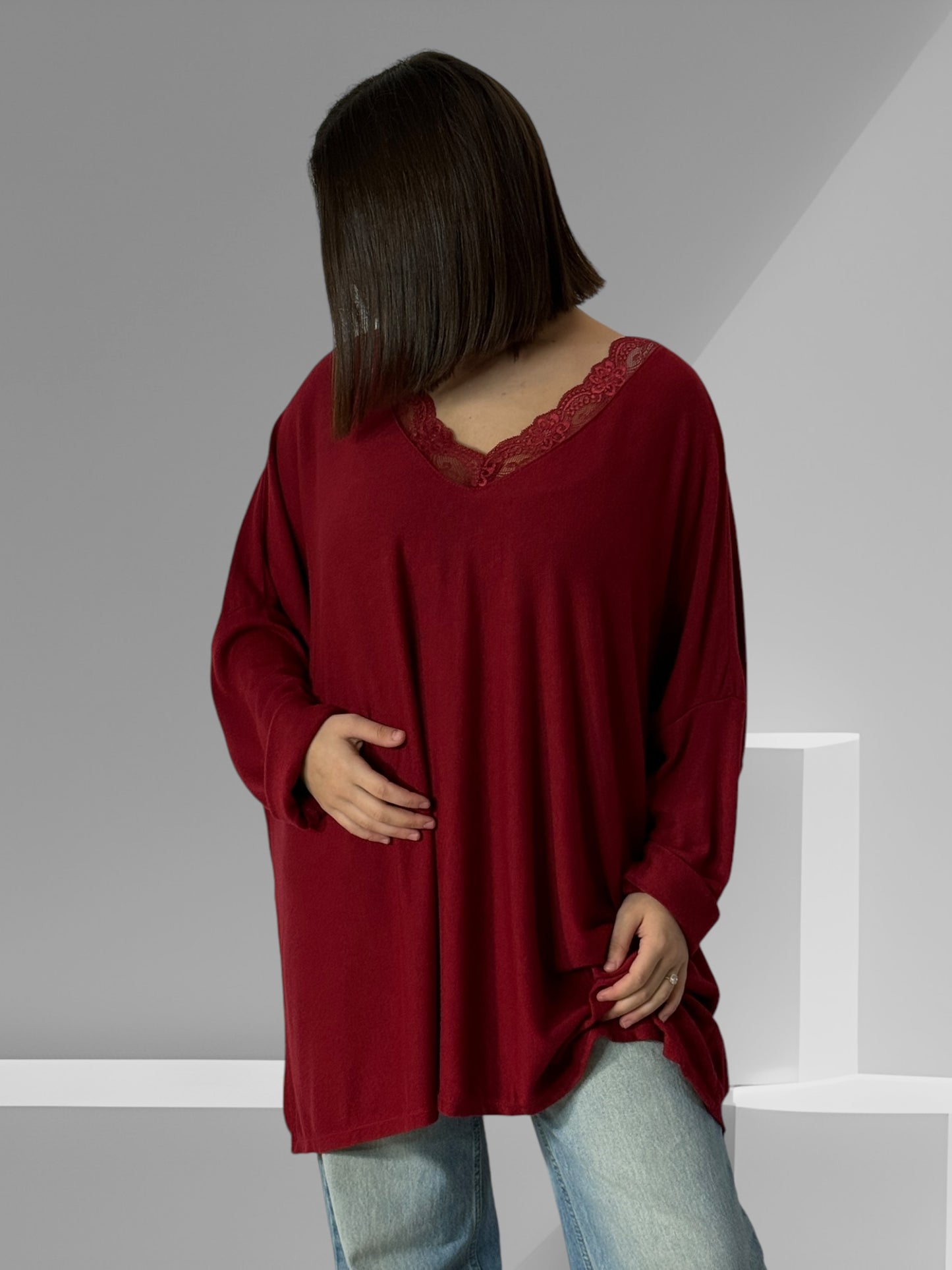 ALICE - PULL OVERSIZE BORDEAUX EN MAILLE FLUIDE JUSQU'A LA TAILLE 56