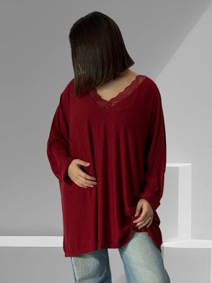 ALICE - PULL OVERSIZE BORDEAUX EN MAILLE FLUIDE JUSQU'A LA TAILLE 56