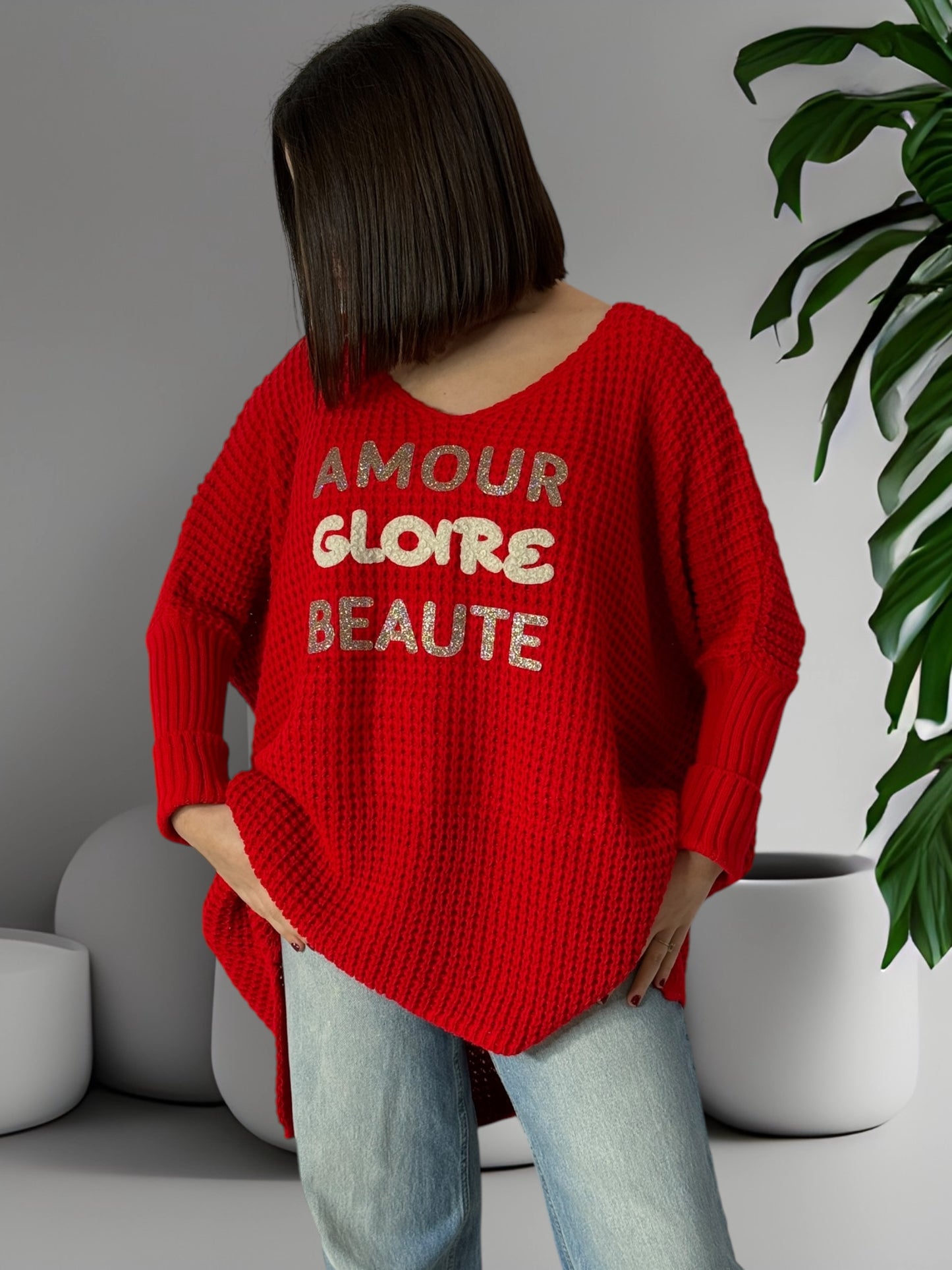 AMOUR GLOIRE BEAUTE - PULL OVERSIZE ROUGE JUSQU'A LA TAILLE 54