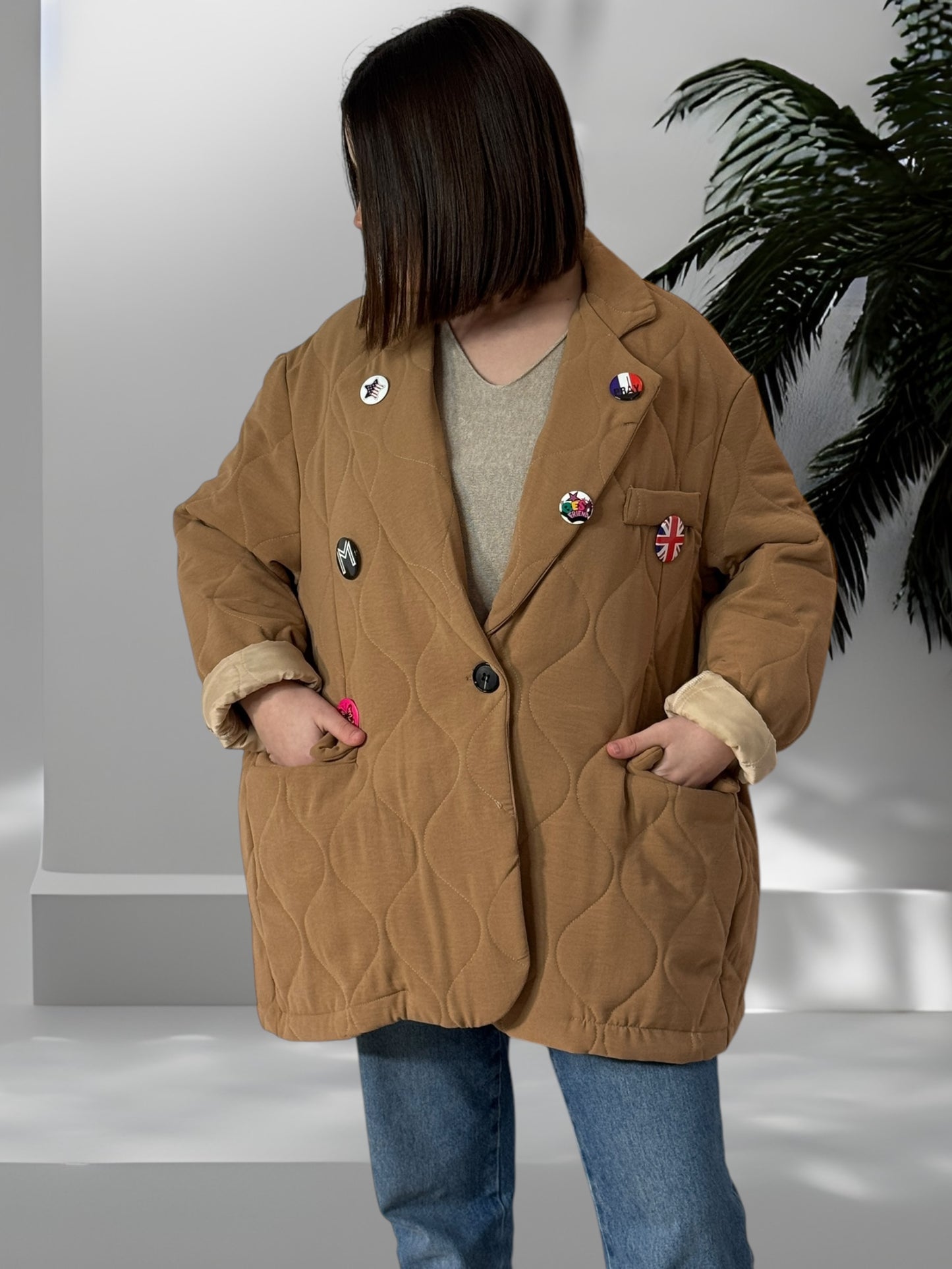 MAXIME - VESTE CAMEL MATELASSE AVEC BADGE JUSQU'A LA TAILLE 50