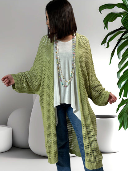 FABIOLA - LONG GILET EN RESILLE VERT JUSQU'A LA TAILLE 50/52