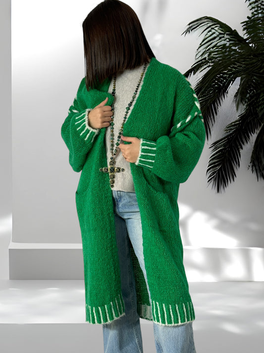 MARILOU - LONG GILET OVERSIZE VERT JUSQU'A LA TAILLE 50