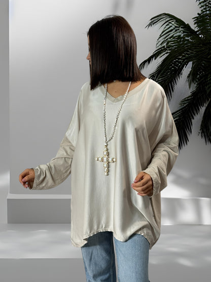 CLEO - TUNIQUE BLANC CASSE FLUIDE OVERSIZE JUSQU'A LA TAILLE 52