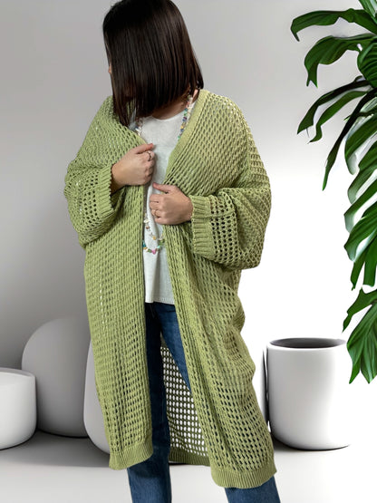 FABIOLA - LONG GILET EN RESILLE VERT JUSQU'A LA TAILLE 50/52