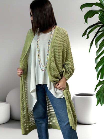 FABIOLA - LONG GILET EN RESILLE VERT JUSQU'A LA TAILLE 50/52