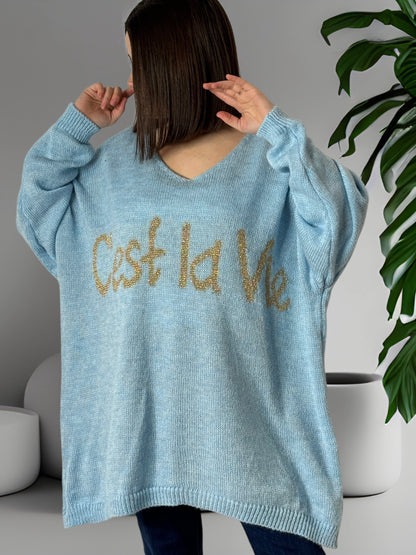 C'EST LA VIE - PULL OVERSIZE BLEU CIEL JUSQU'A LA TAILLE 56