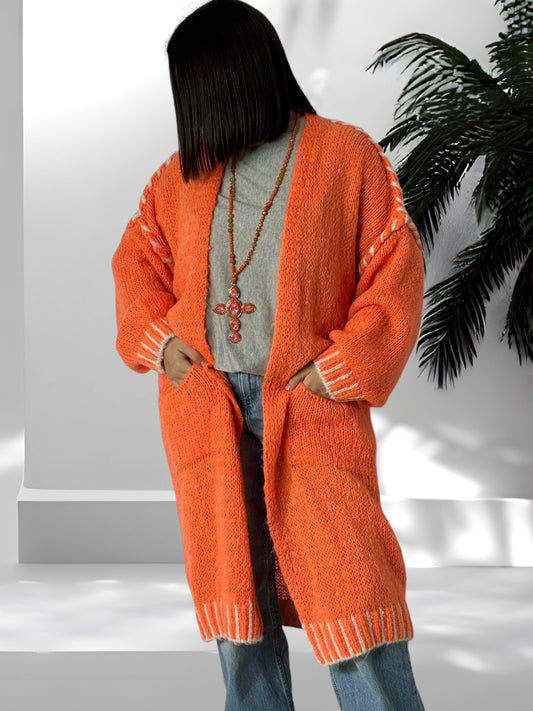 MARILOU - LONG GILET OVERSIZE ORANGE JUSQU'A LA TAILLE 50