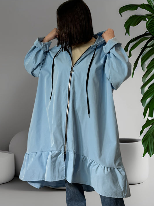 PENELOPE - TRENCH BLEU OVERSIZE A CAPUCHE JUSQU'A LA TAILLE 56