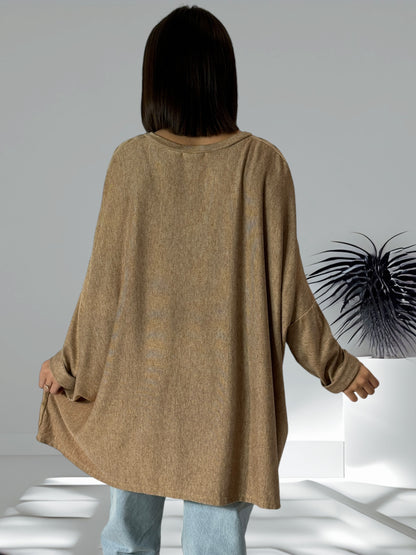 DOUDOU - PULL OVERSIZE CAMEL  EN MAILLE FLUIDE JUSQU'A LA TAILLE 56