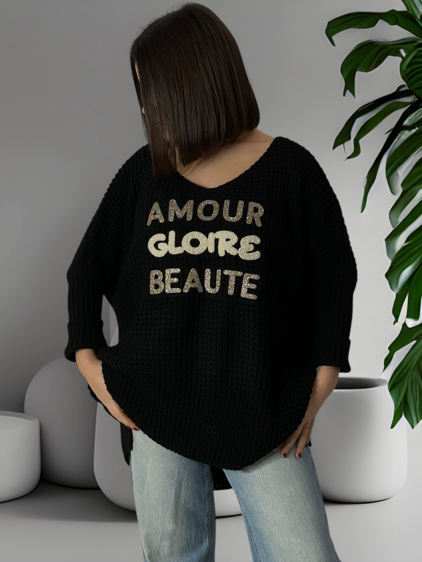 AMOUR GLOIRE BEAUTE - PULL OVERSIZE NOIR JUSQU'A LA TAILLE 54