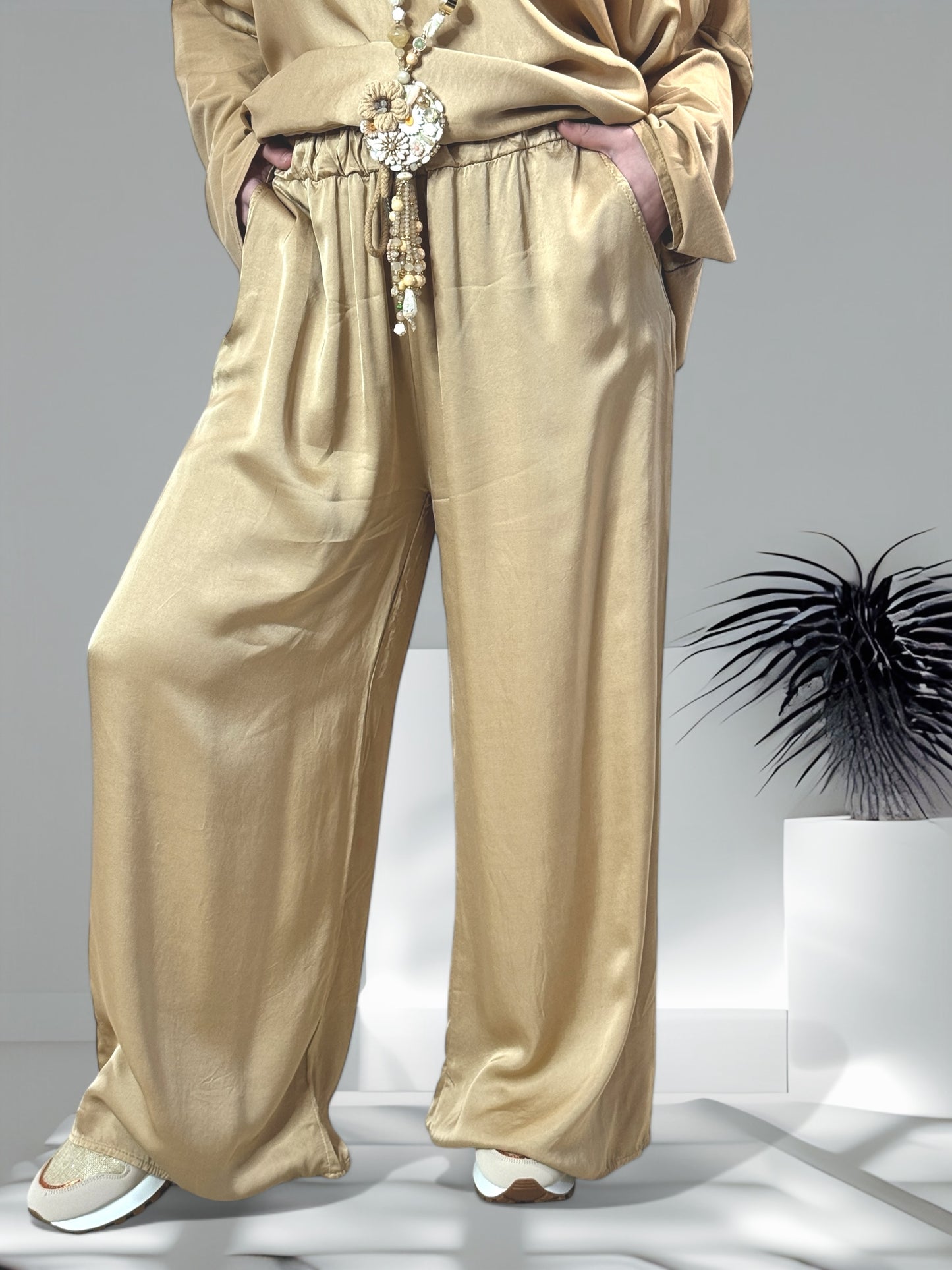 SIENNA - ENSEMBLE TUNIQUE ET PANTALON  FLUIDE CAMEL OVERSIZE JUSQU'A LA TAILLE 46