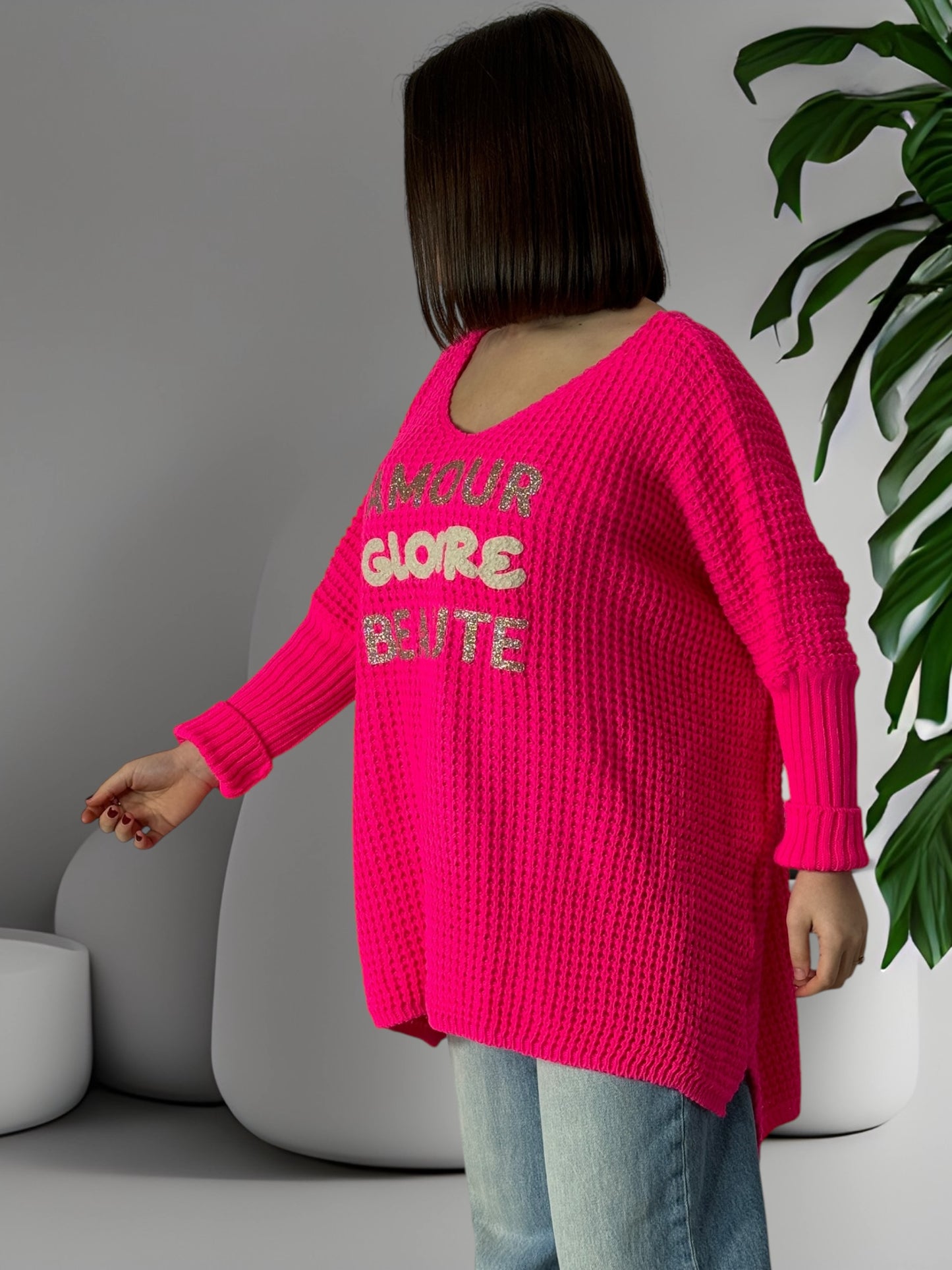 AMOUR GLOIRE BEAUTE - PULL OVERSIZE FUCHSIA JUSQU'A LA TAILLE 54