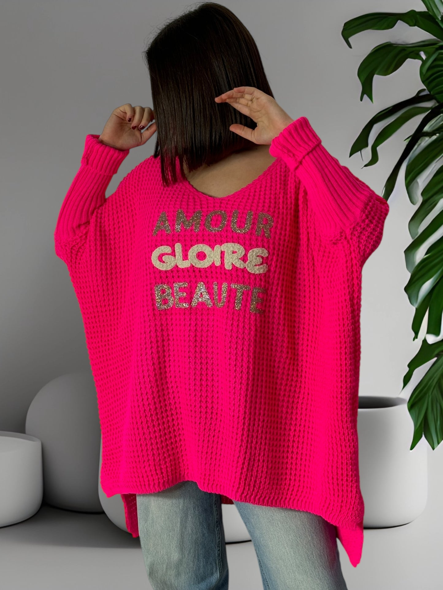 AMOUR GLOIRE BEAUTE - PULL OVERSIZE FUCHSIA JUSQU'A LA TAILLE 54