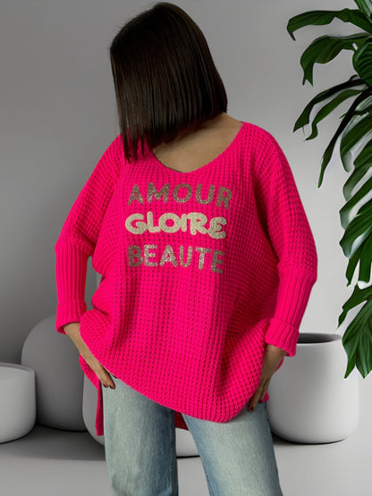 AMOUR GLOIRE BEAUTE - PULL OVERSIZE FUCHSIA JUSQU'A LA TAILLE 54