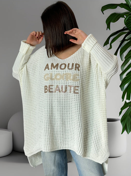 AMOUR GLOIRE BEAUTE - PULL OVERSIZE BLANC CASSE JUSQU'A LA TAILLE 54