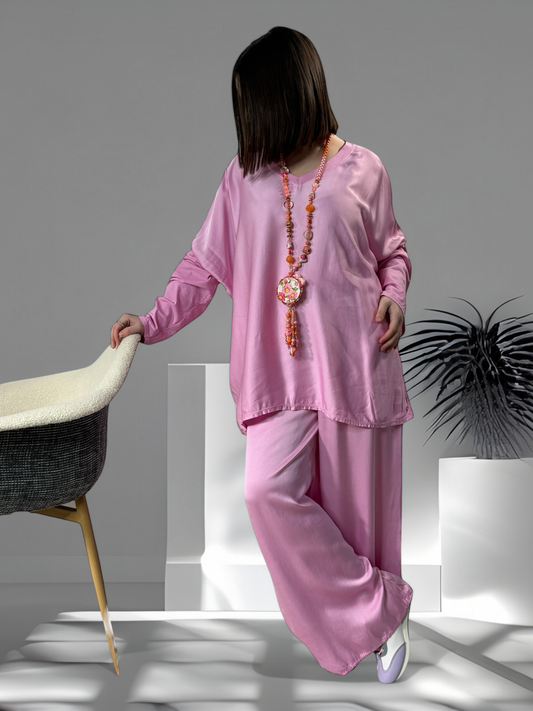 SIENNA - ENSEMBLE TUNIQUE ET PANTALON  FLUIDE ROSE OVERSIZE JUSQU'A LA TAILLE 46